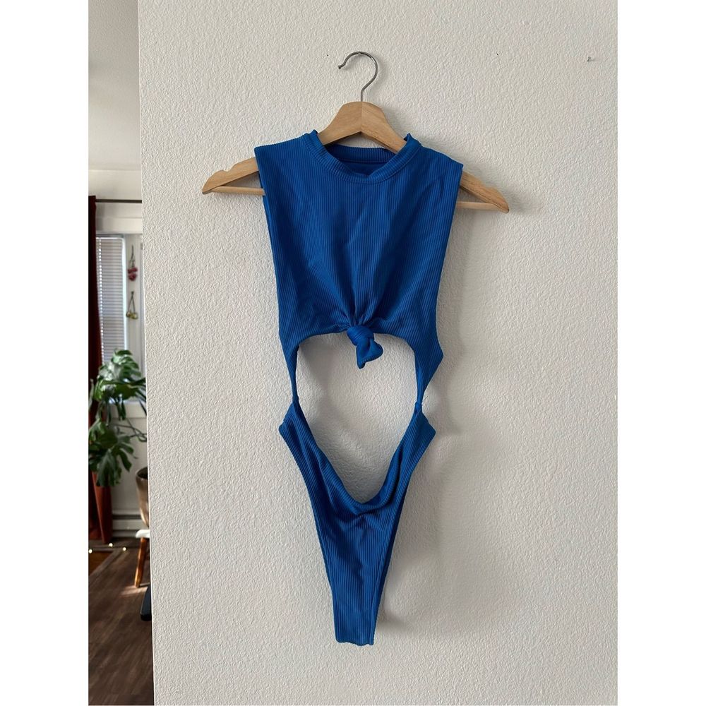 Frankie’s Bikinis paradise blue monokini high neck ribbed one piece swimsuit
